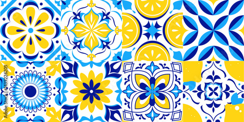Amalfi pattern - mosaic design with lemon slices, floral motifs. Colorful geometric composition includes rosettes, diamond shapes. Mediterranean folk ornament background, ceramic tile print.