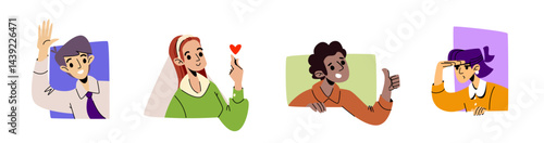Peeking people avatars set - cartoon man waving hand, smiling woman with heart symbol, happy guy showing thumbs up gesture, female looking into distance. Peeping characters illustration for design.
