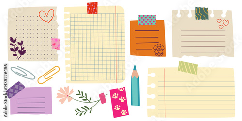 Memo note paper sheets drawn set - various colorful decorative notepad page designs with lines, grid, torn edge effects. Cartoon illustration with cute doodles of heart, flower and pencil, paperclip.