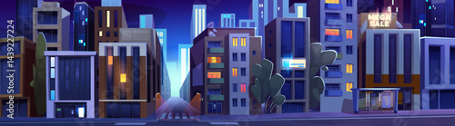 City crossroad night scene - illuminated street with tall buildings, road intersection, traffic lights and billboards. Empty midnight urban landscape in dark colors, modern downtown background.