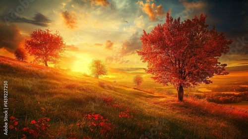Capture a stunning real-life photograph of the autumn equinox, featuring a serene landscape with trees adorned in fiery shades of red, orange, and yellow, as the sun sets on the horizon