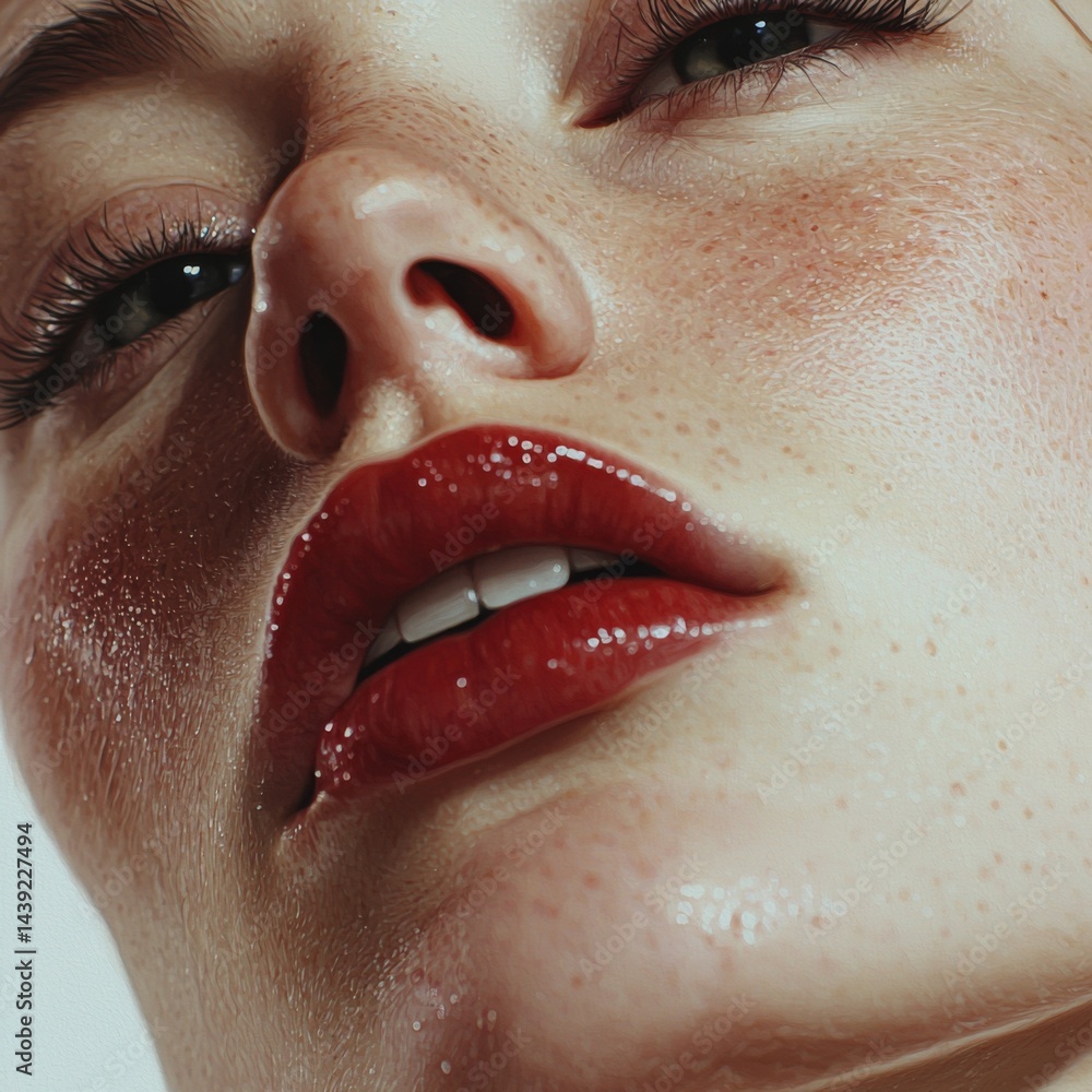 Fototapeta premium Close-up of a model's face highlighting flawless skin, bold red lips, and captivating eye details against a soft backdrop
