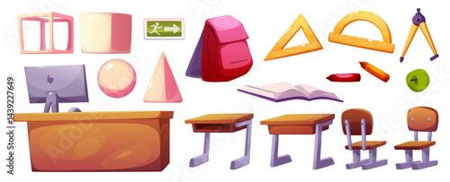 School classroom interior elements set - cartoon furniture and supplies including student desks and chairs, teacher table, backpacks and geometric shapes. Educational space objects collection