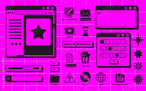 Retro user interface elements set - browser window, message box dialogs, folder and file type icons. Vibrant pink color neon grid background. 90s style widget kit for computer game, website design.