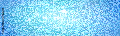 Shimmering disco ball mosaic pattern - small mirrored tiles reflecting light, forming abstract blue square pixel background. Sparkly dance floor or retro party decoration texture for digital bg.