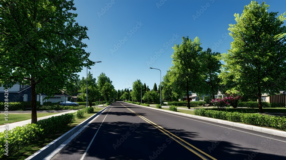 Sunny residential street lined with lush trees and homes. Sunny residential street lined with lush trees and homes.