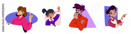 Playful cartoon characters peeking out from geometric shapes - man and woman, girl surprised, boy pointing. Adult people and children with lively cheerful facial expressions and gestures peeping.