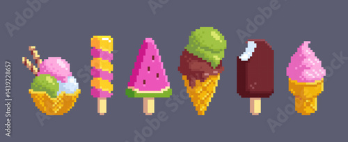 Pixel art ice cream collection - vibrant 8 bit style frozen treats on sticks, fruity popsicles, chocolate covered bars, swirled soft serve cones. Retro dessert graphics set for summer themed game ui.