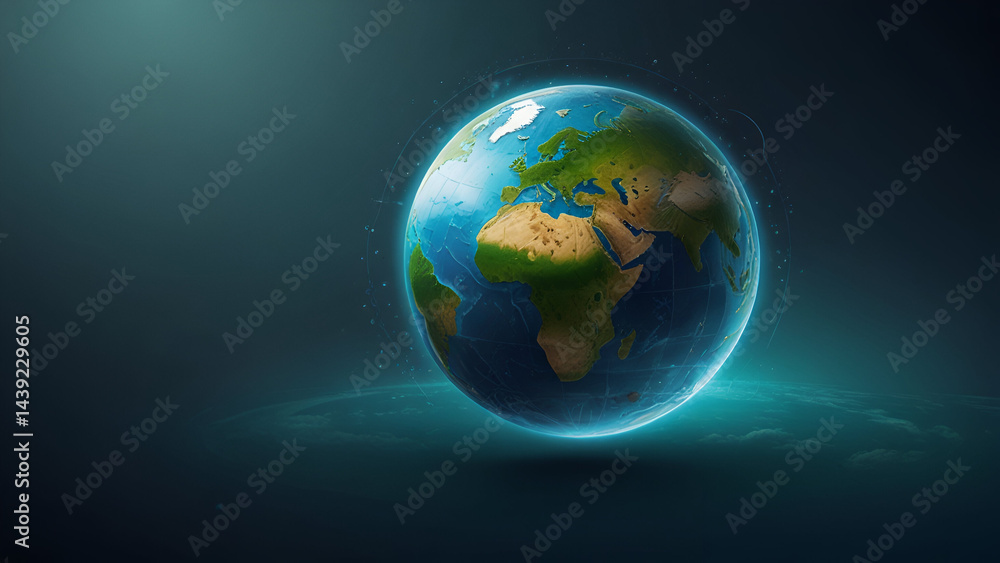 Digital rendering of Earth focusing on Africa and Europe with glowing blue dots and dark background symbolizing global connectivity futuristic themes and environmental awareness. Digital rendering of Earth focusing on Africa and Europe with glowing blue dots and dark background symbolizing global connectivity futuristic themes and environmental awareness.