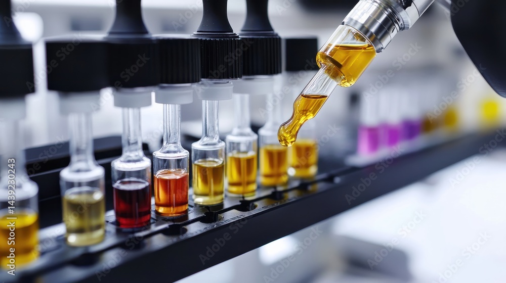 Close-Up of Dropper Filling Glass Vials with Colorful Liquid in Laboratory Setting Close-Up of Dropper Filling Glass Vials with Colorful Liquid in Laboratory Setting