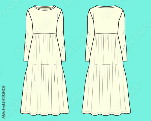 Ladies wide neck with long sleeve flared dress technical drawing fashion flat sketch vector illustration template front and back views outline CAD mockup.