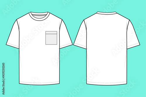 Men's crew neck Black and white T-shirt fashion flat sketch technical drawing template front and back views.
