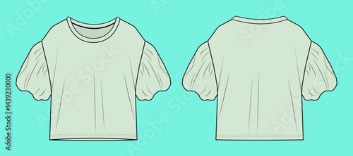 Ladies drop shoulder wide neck frill details short sleeve fashion flat sketch outline CAD mockup.
