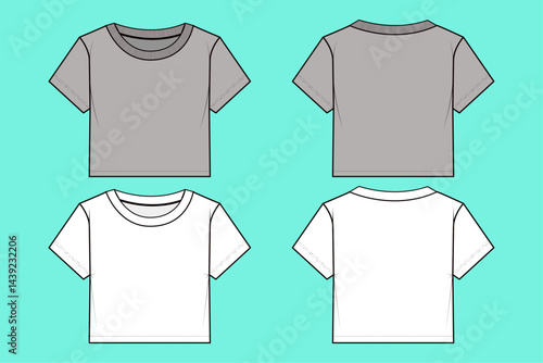 Ladies crop T-shirt bundle fashion flat sketch template outline CAD mockup front and back views.