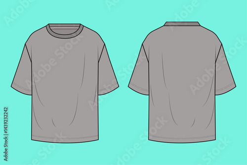 Men's crew neck drop shoulder T-shirt fashion flat sketch technical drawing template front and back views.