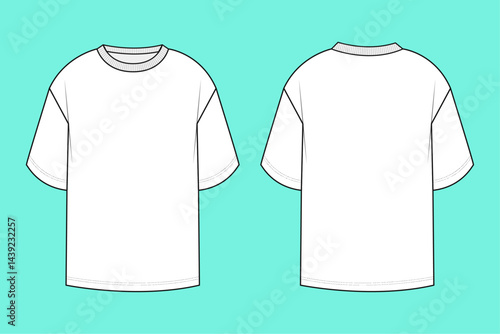 Men's crew neck Black and white drop shoulder T-shirt fashion flat sketch technical drawing template front and back views.