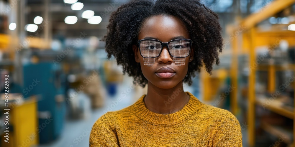 Young Woman Wearing Grid Pattern Glasses in Factory Young Woman Wearing Grid Pattern Glasses in Factory