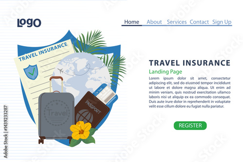 Landing page with travel insurance theme, apartment, can be used for, template, ui, web, mobile app, poster, banner, flyer Vector illustration