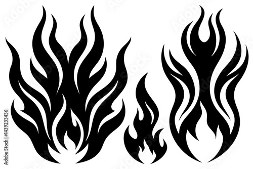 Fiery orange vector flames set illustration, a hot burn design symbol