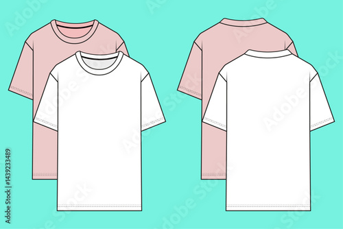 Mens crew neck drop shoulder T-shirt colour way bundle fashion flat sketch template outline CAD mockup.