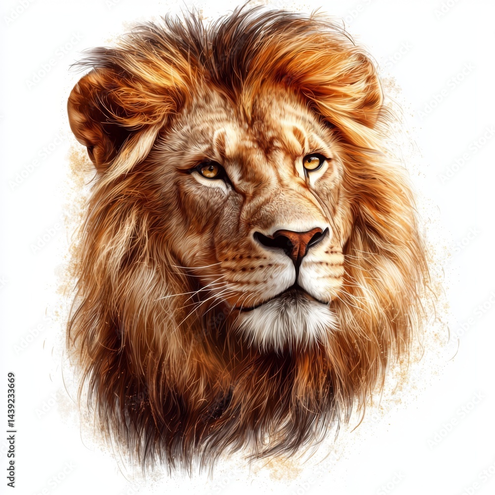 Fototapeta premium Majestic close-up portrait of a powerful lion with striking mane and intense gaze, symbol of strength and courage in nature