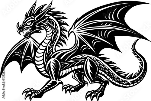 A black tribal dragon silhouette vector illustration showcases fantasy art with animalistic design