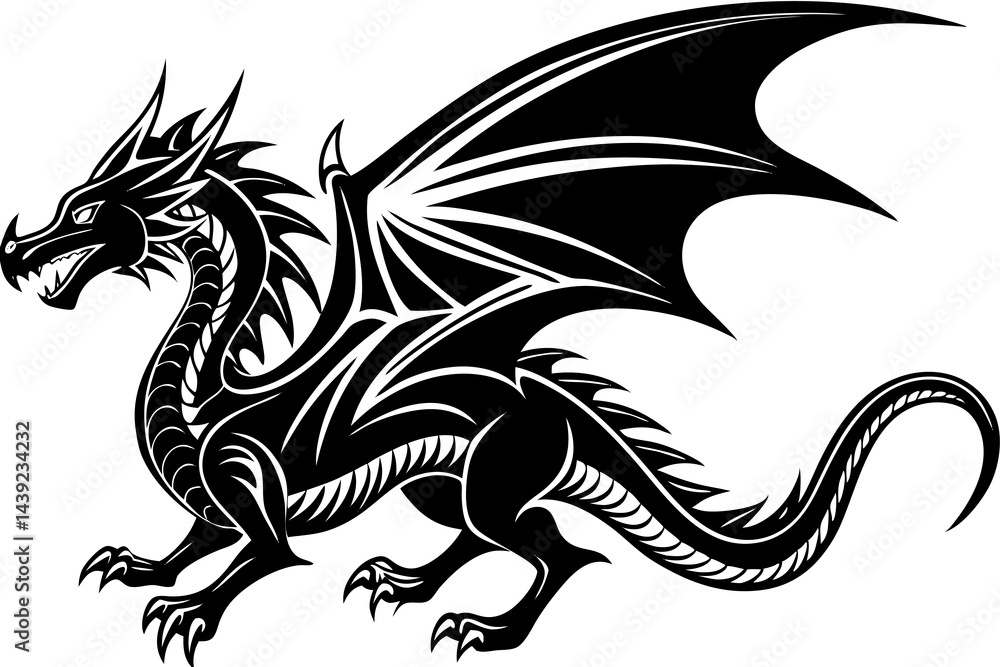 Fototapeta premium Black dragon vector illustration, a tribal tattoo design with a silhouette of a fantasy animal, an iconic symbol from Asia