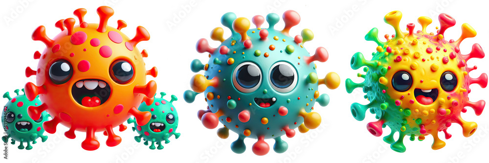 Fototapeta premium Magnified virus shapes without background. Cartoon vectors of virus with eyes and mouths on it. Fearsome virus illustrations PNG. Corona virus. 