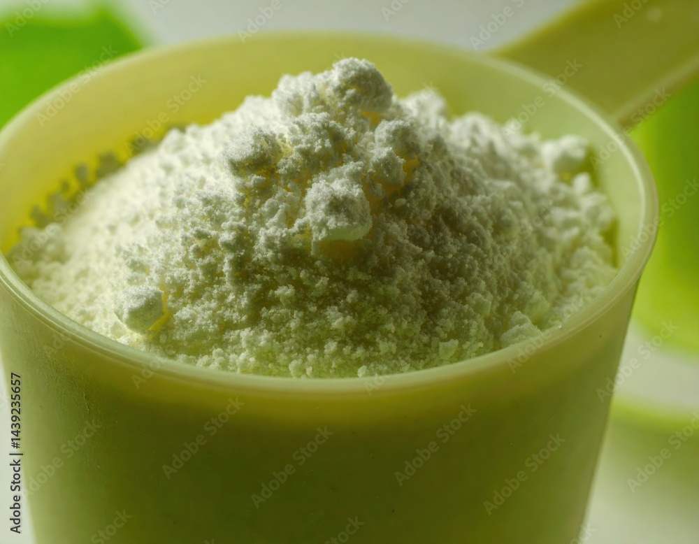 A yellow scoop filled with fine white powder, likely a supplement or protein powder, is shown in close-up. A yellow scoop filled with fine white powder, likely a supplement or protein powder, is shown in close-up.