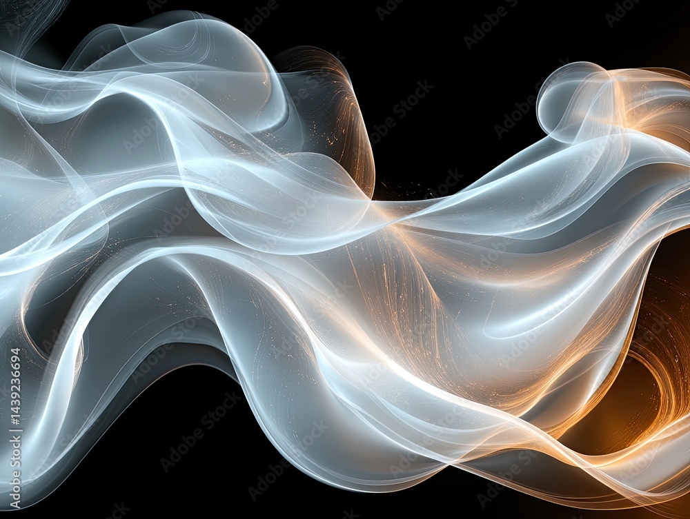 Fototapeta premium Abstract flowing light, blue and gold, on a stark black background. Use as a modern backdrop for science or tech branding.