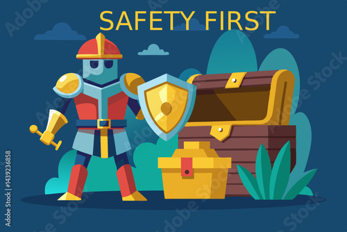 Vector Of Knight Protecting Treasure Chest 1  a vector illustration