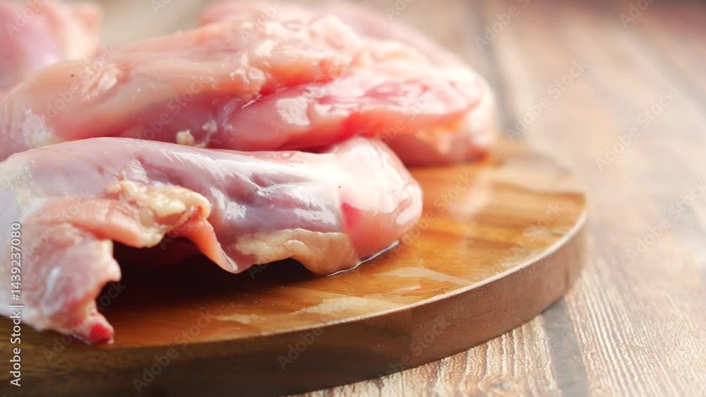 Preparing fresh chicken on a wooden cutting board in the kitchen Preparing fresh chicken on a wooden cutting board in the kitchen