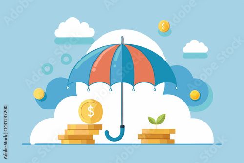 Vector Of An Umbrella Protecting Coins From Rain  a vector illustration