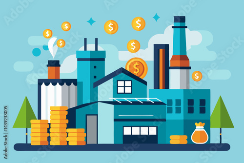 Factory With Coins Flowing Out Representing Ind 1  a vector illustration