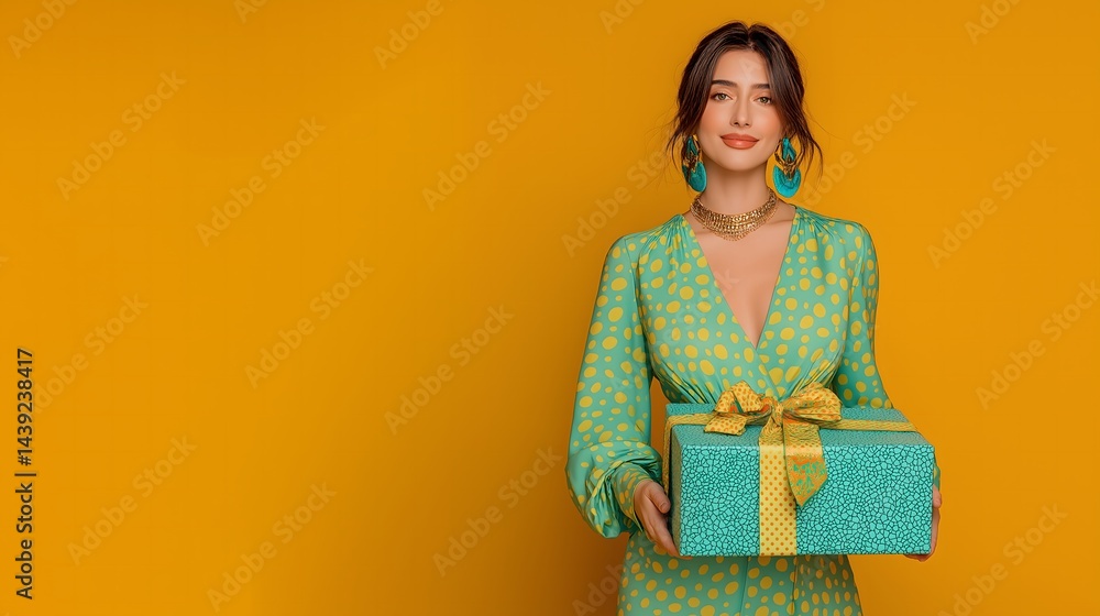 Cheerful woman in green outfit, smiling while holding a gift box, against a vibrant yellow wall, ideal for celebration themes. Cheerful woman in green outfit, smiling while holding a gift box, against a vibrant yellow wall, ideal for celebration themes.