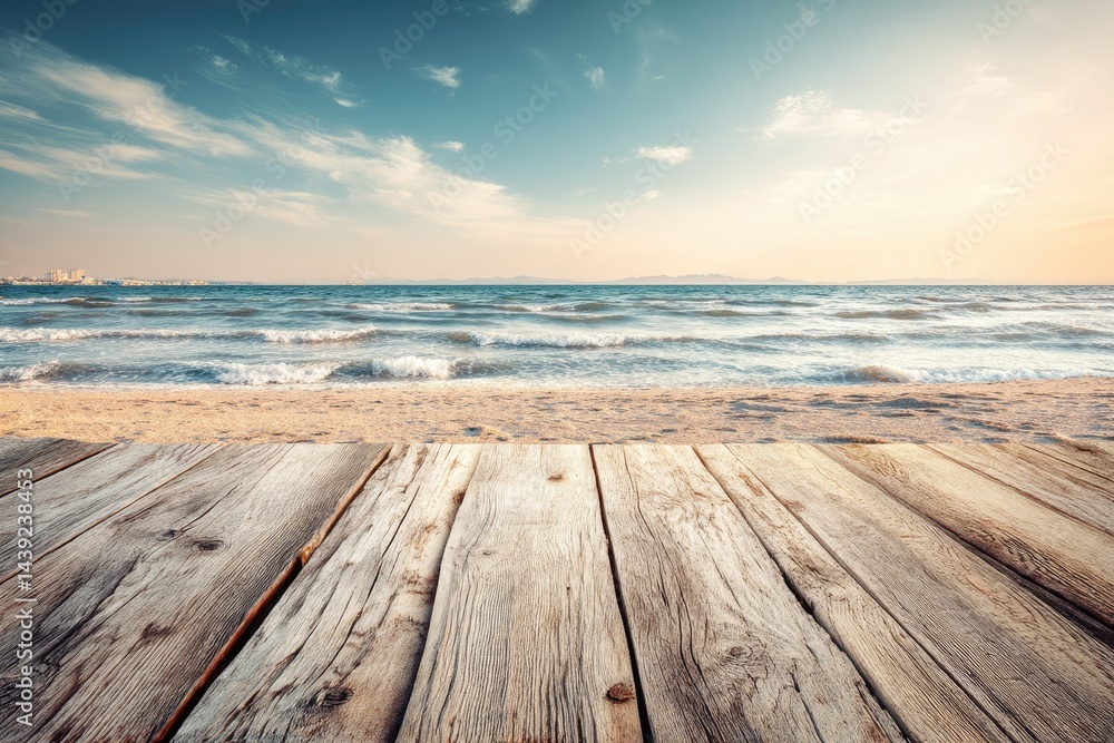 Tranquil Seaside Escape Wooden Boardwalk Leading to Azure Waters and Horizon Tranquil Seaside Escape Wooden Boardwalk Leading to Azure Waters and Horizon