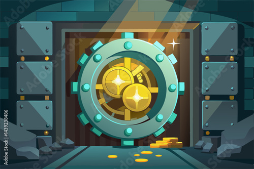 Bank Vault Door Opening With Glowing Treasure 1  a vector illustration