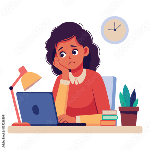 Bored woman sitting at desk. Tired sad office worker. Procrastination, burnout and boredom concept. Depressed upset exhausted lazy student. Flat vector illustration isolated on white background