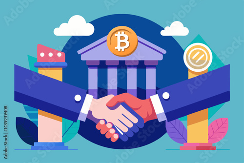 Handshake Between Traditional Bank And Crypt  a vector illustration