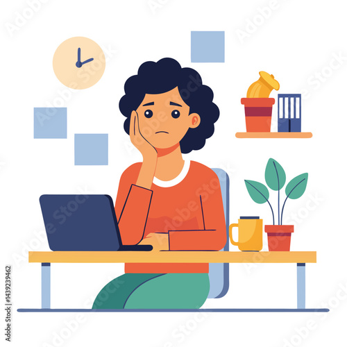 Bored woman sitting at desk. Tired sad office worker. Procrastination, burnout and boredom concept. Depressed upset exhausted lazy student. Flat vector illustration isolated on white background