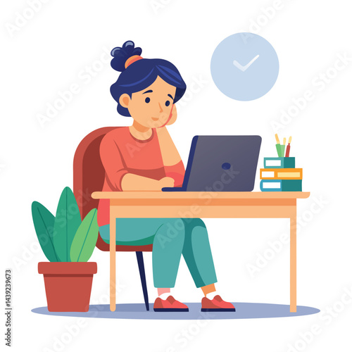 Bored woman sitting at desk. Tired sad office worker. Procrastination, burnout and boredom concept. Depressed upset exhausted lazy student. Flat vector illustration isolated on white background