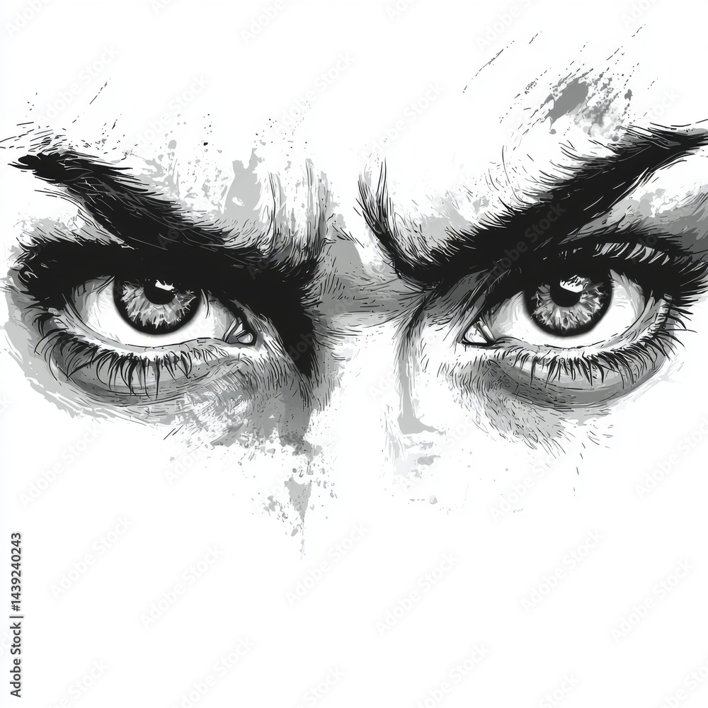 Fototapeta premium Intense Close-Up of Expressive Eyes with Dark Eyebrows and Dramatic Facial Expression in Artistic Black and White Style