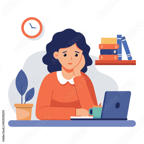 Bored woman sitting at desk. Tired sad office worker. Procrastination, burnout and boredom concept. Depressed upset exhausted lazy student. Flat vector illustration isolated on white background