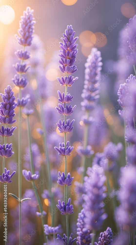 Fototapeta premium Delicate pastel purple lavender flower vines blooming with soft petals against warm pastel peach background under soft sunlight for relaxation stock photo floral botanical wallpaper background