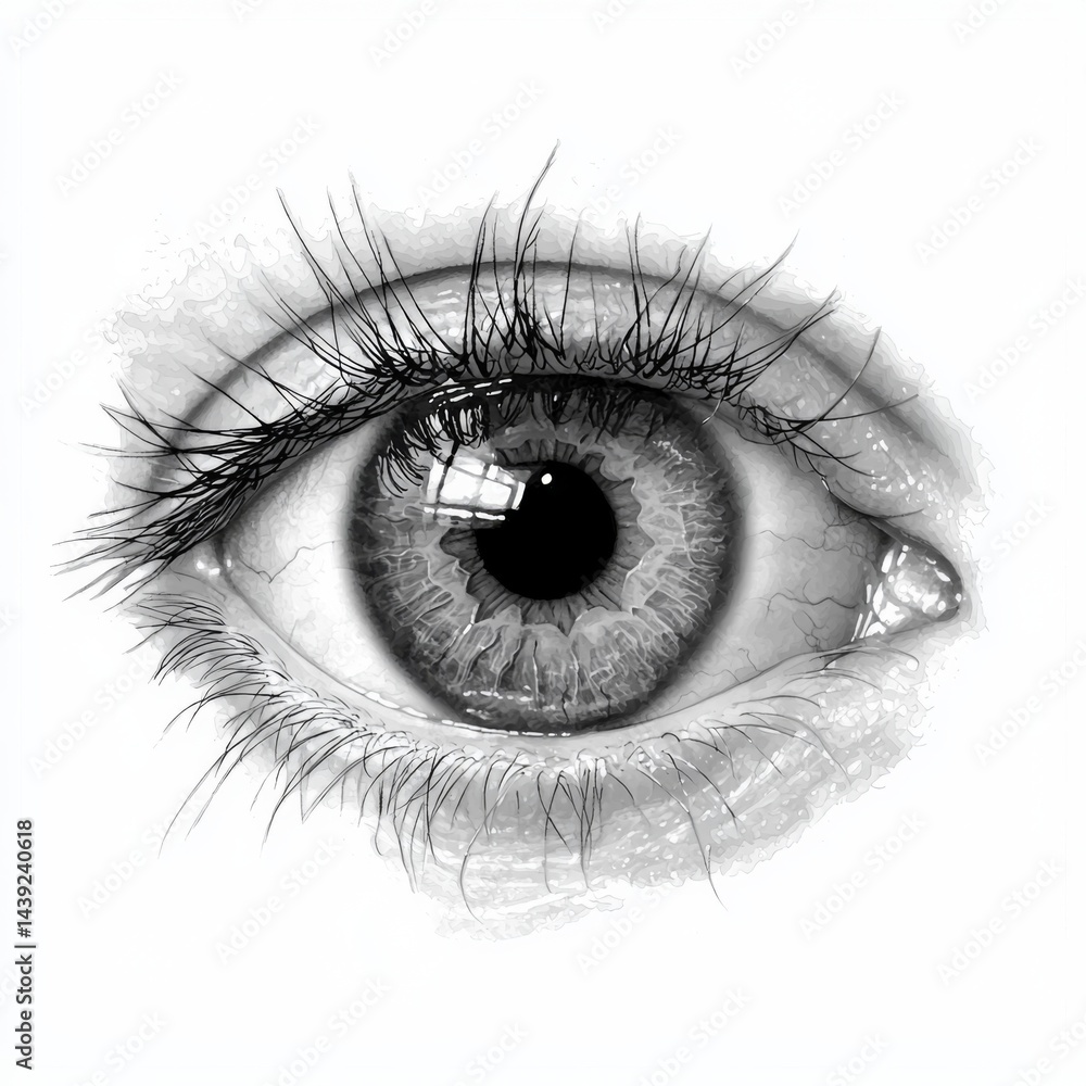 Obraz premium Close-Up of a Realistic Human Eye with Detailed Iris and Long Eyelashes on a White Background