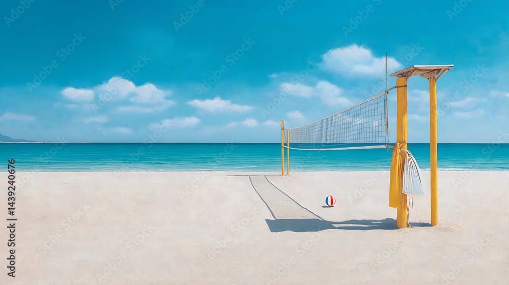 Vacant beach scene, serene shoreline with a yellow lifeguard tower, clouds reflecting in calm water, perfect for relaxation themes.