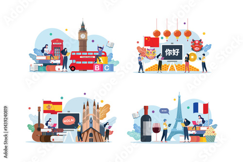 Set of people study studying foreign language