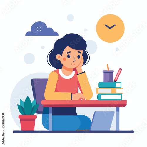 Bored woman sitting at desk. Tired sad office worker. Procrastination, burnout and boredom concept. Depressed upset exhausted lazy student. Flat vector illustration isolated on white background