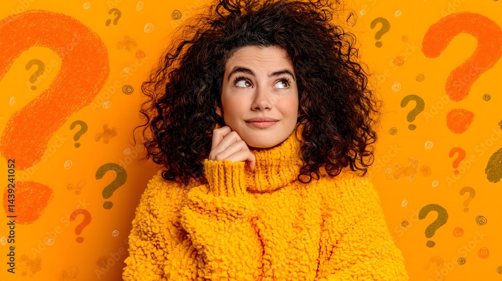 Contemplative woman in bright sweater, curious expression, vibrant orange background with question marks, ideal for inspiration.