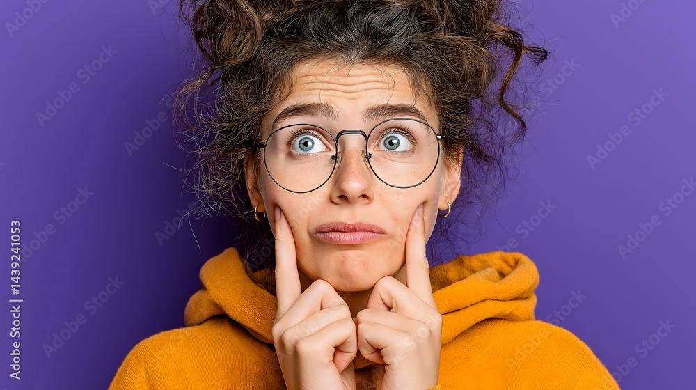 Young woman expressing playful surprise, wearing an orange hoodie, with a purple background, ideal for social media posts.